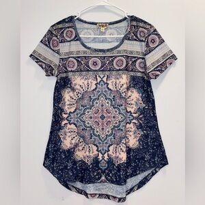 ONE WORLD Blue and Pink Mandala Short Sleeve Top with Pink Rhinestones